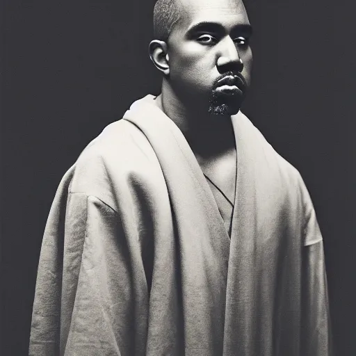 Image similar to a chiaroscuro lighting portrait of kanye west dressed as rick owens, black background, portrait by julia margaret cameron, shallow depth of field, 8 0 mm, f 1. 8