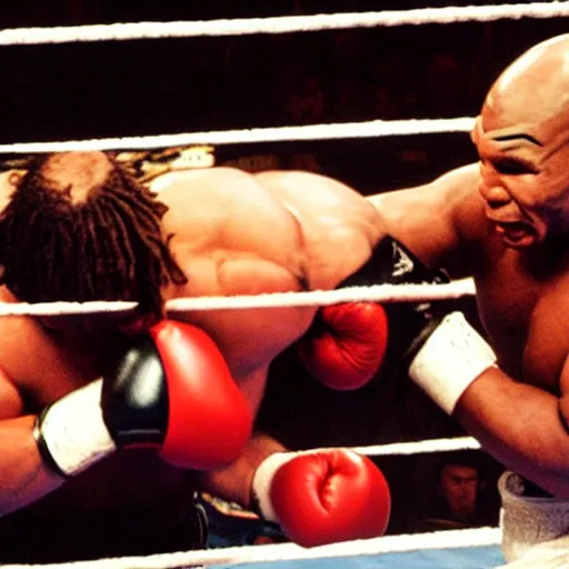Prompt: mike tyson fighting a lion in a boxing ring