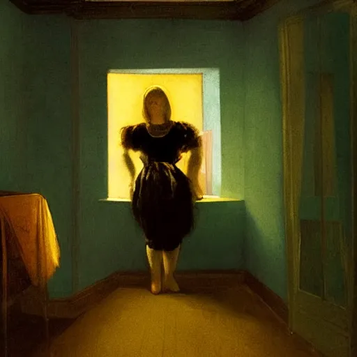 Image similar to a girl in a gold haunted liminal room, digital painting by goya, colors by pontormo, lights by hopper, extreme detail, liminal aesthetic, background art nouveau