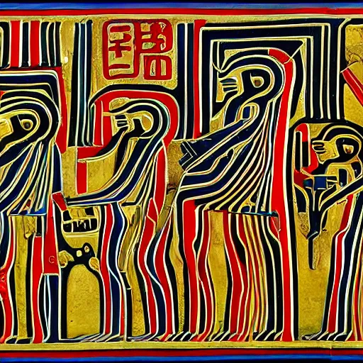 Image similar to a exotic metro pollynsdian hieroglyphics, painted by jorgihno gisbana and takashi tokyo, style of ultra capitalism surealism