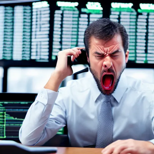Image similar to photo of a stock trader shouting angrily into a phone
