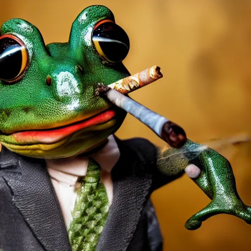 Image similar to a high detail closeup photograph of a 🐸 wearing a suit 👔,and smoking a cigarrette🚬, award wining photograph