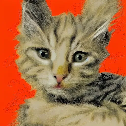 Prompt: a cream - colored maine coon kitten, digital art, abstraction, 1 9 5 0 by willem de kooning