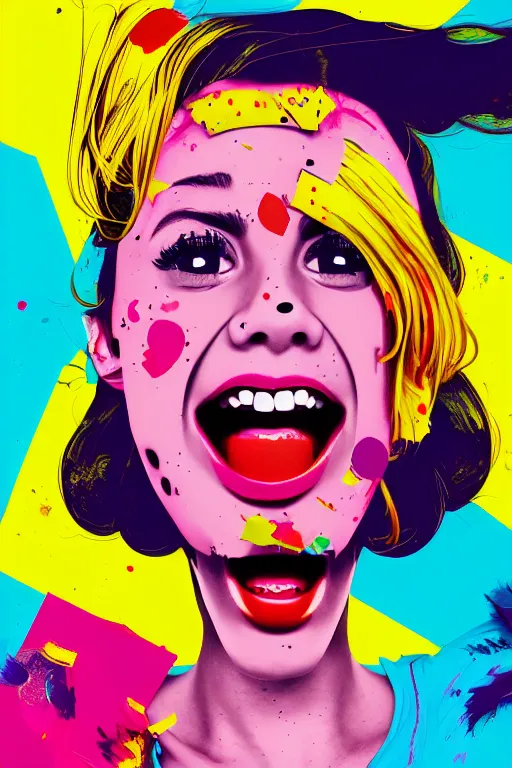 Prompt: girl screamin yolo - aesthetic, smooth painting, remove, every seed with ultra details, 4 k, illustration, comical, acrylic paint style, pencil style, torn cosmo magazine style, pop art style, ultrarealism, by mike swiderek, jorge lacera, ben lo, tyler west