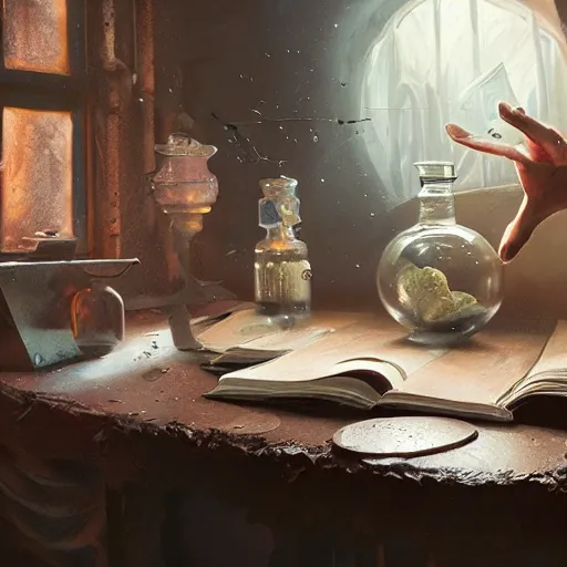 Image similar to hyper real, table, wizards laboratory, lisa parker, greg rutkowski, mortar, pestle, scales with magic powder, energy flowing, magic book, beakers of colored liquid, tony sart