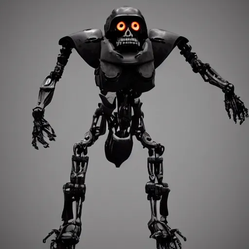 Image similar to grimdark horrific robot, skull helmet, very long limbs, unreal engine, 8 k, ultra realistic, ultra detail