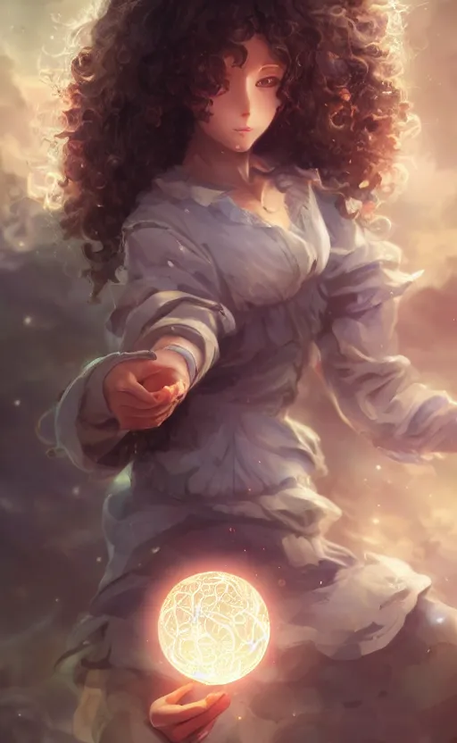 Image similar to anime girl with curly hair holding a magical orb, WLOP, concept art, digital painting, trending on artstation, highly detailed, epic composition, 8k UHD