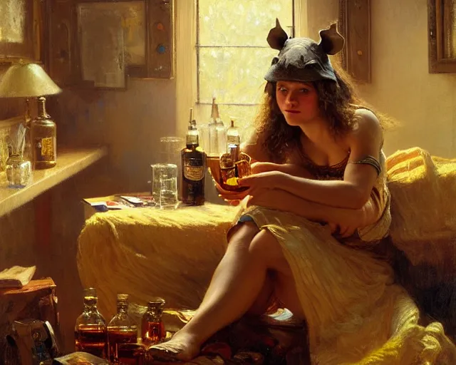 Image similar to an exhausted rhino girl in her studio with a bottle of whisky. highly detailed painting by gaston bussiere, craig mullins, j. c. leyendecker 8 k