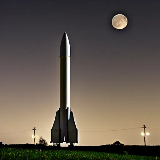 Image similar to a moon rocket, natural lighting, at night, moon in sky, high resolution