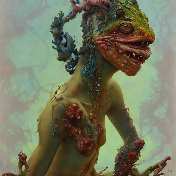 Prompt: a portrait photograph of claire danes as a brightly colored satyr amphibian hybrid with wet mutated skin. wearing a organic catsuit. by tom bagshaw, donato giancola, hans holbein, walton ford, gaston bussiere, brian froud, peter mohrbacher and magali villeneuve. 8 k, cgsociety