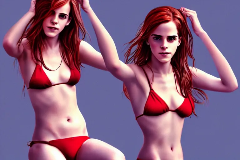 Image similar to Red-haired beauty Emma Watson in a bikini, highly detailed, mid-shot ,pixiv , digital painting , concept art
