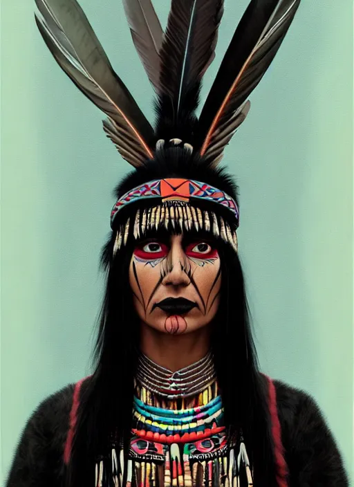 Image similar to portrait of a native american woman with a crooked nose and a confident expression, 1 9 6 0 s, black clothes, goth, punk, brightly coloured hair, funk, intricate, elegant, highly detailed, digital painting, artstation, concept art, smooth, sharp focus, illustration, art by wlop, mars ravelo and greg rutkowski