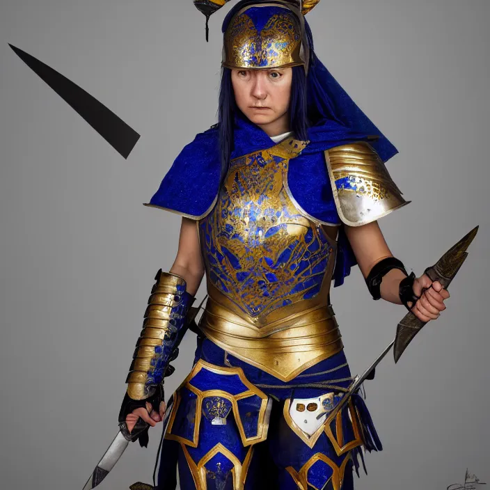 Prompt: photograph of a real-life female warrior with lapis lazuli armour. Extremely detailed. 8k