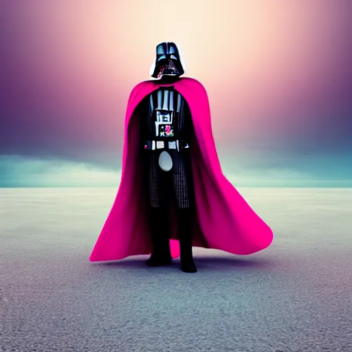 Image similar to darth vader in pink outfit, photoreal, still frame, cinematic