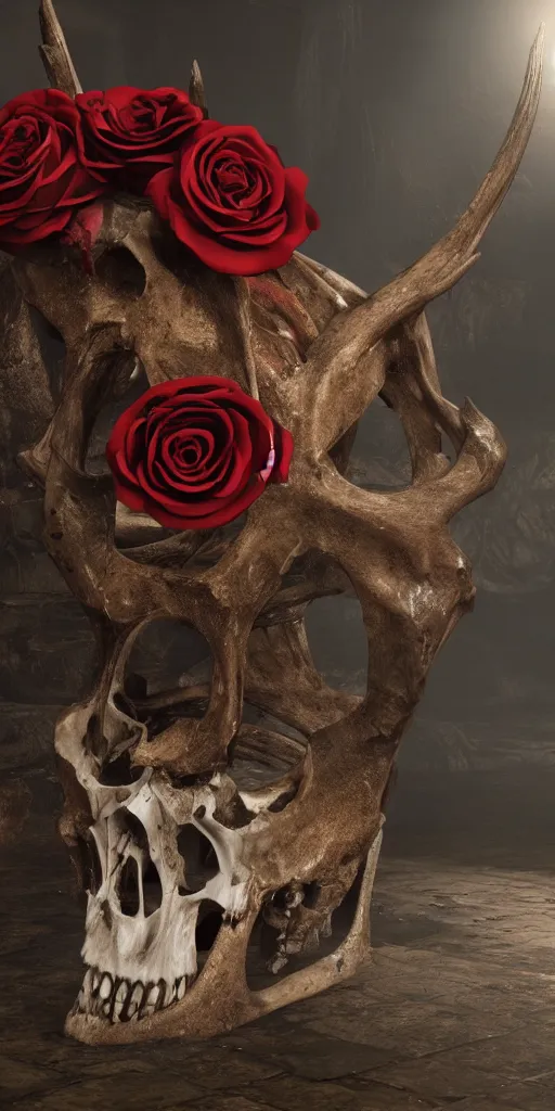 Prompt: blood dipping from a rose and growing out of a deer skull, unreal engine, realistic lighting, 4k, hyper realism, dark fantasy