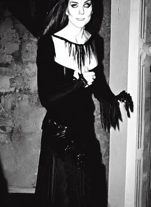 Prompt: candid photo of kate middleton as a gothic vampire in the 1980s, haunted house interior, ghostly figure, scary, 80s aesthetics,