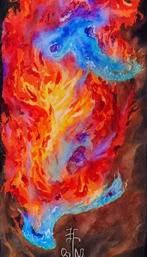 Prompt: water color painting of fire and water mixing together, conveying a sense of balance inspired by the Temperance tarot card, smooth brush strokes