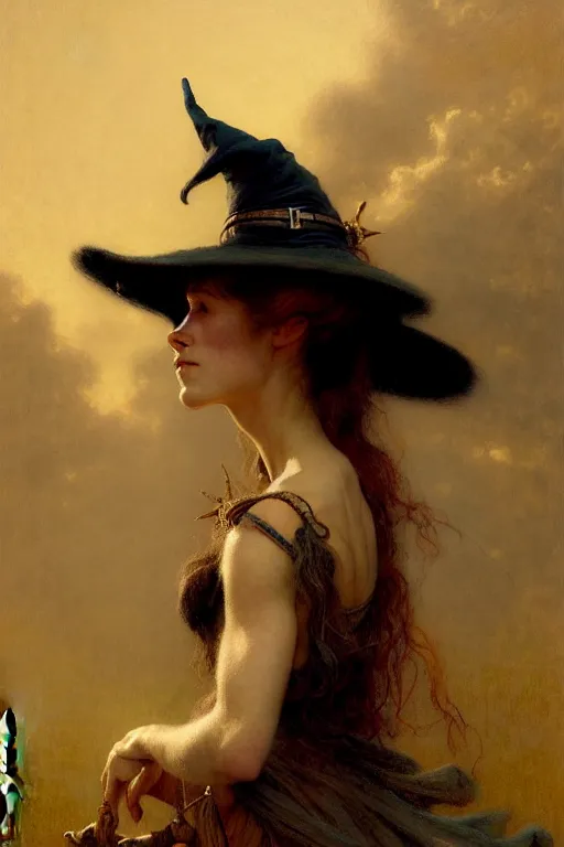 Prompt: a half body portrait of witch wearing witch dress and hat, high detail, cleary see face, by gaston bussiere, bayard wu, greg rutkowski, odd nerdrum, maxim verehin, dan dos santos, masterpiece, sharp focus, cinematic lightning