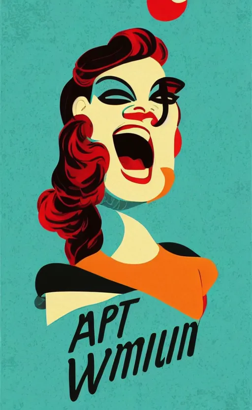 Prompt: illustration with a woman laughing out loud, art deco painting by tom whalen, funny meme photo, trending on behance, digital illustration, storybook illustration, grainy texture, flat shading, vector art, airbrush, pastel, watercolor, poster