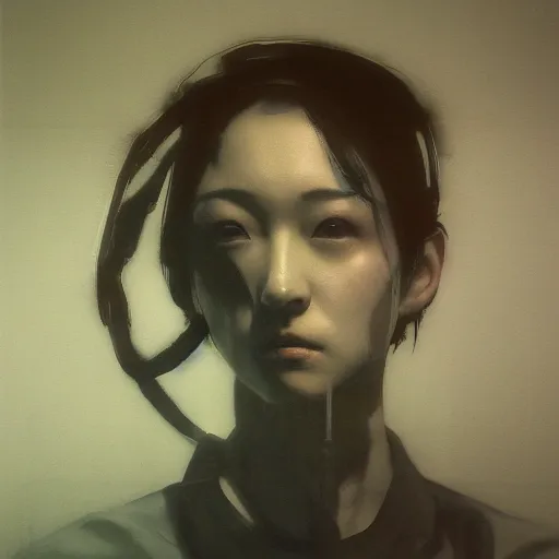 Image similar to portrait of lain iwakura connected to a room full of cables computers and displays by ruan jia and joao ruas. atmospheric