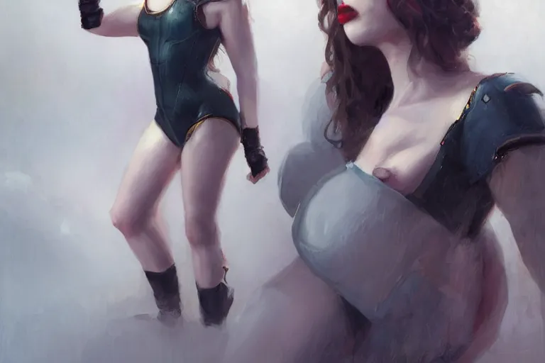 Prompt: A portrait of a Kat Dennings sticking her tongue out while striking a heroic pose in a small leotard Ruan Jia and Mandy Jurgens and Artgerm and william-adolphe bouguerea, highly detailed, trending on artstation, award winning, H 768