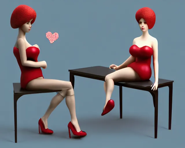 Image similar to a woman sitting on a desk with a heart shaped object in her lap, computer graphics by Minerva J. Chapman, polycount, net art, daz3d, 3d, rendered in maya