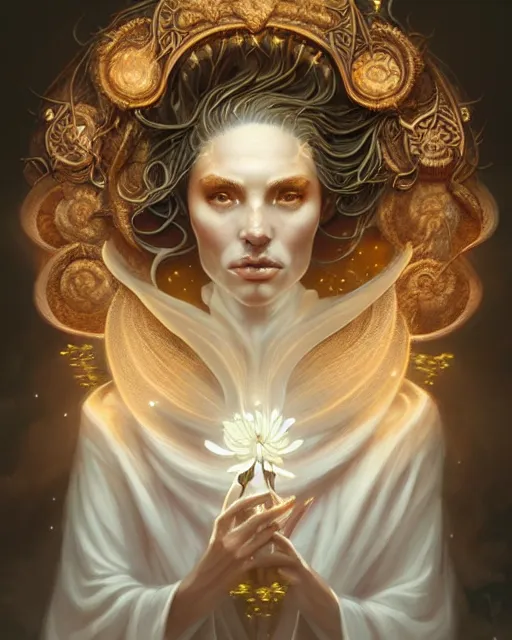 Prompt: highly detailed mycelium priestess portrait, artgerm, peter mohrbacher, intricate carved ivory flower blooms, artstation, halo of light, gilding