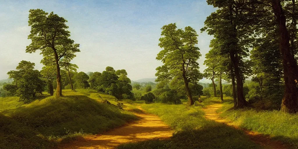 Prompt: a beautiful landscape painting of a path through countryside fields and patches of woodland, hot summer sun, by caspar david friedrich, oil on canvas, highly detailed, hd, 4 k