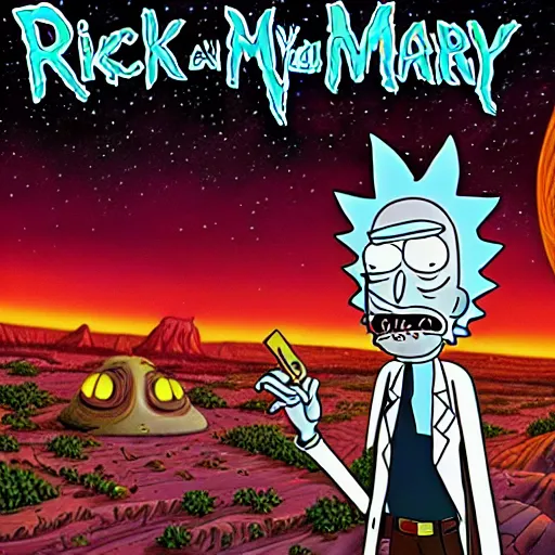 Image similar to rick and morty on a iron maiden album cover 8 k resolution, hyperdetailed, photorealism, extremely high quality
