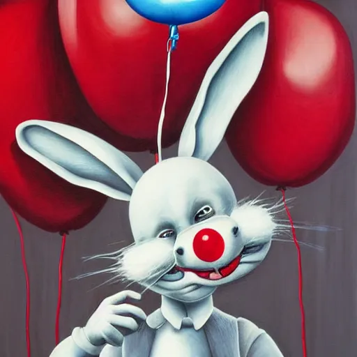 Image similar to grunge cartoon painting of a bunny with a wide smile and a red balloon by chris leib, loony toons style, pennywise style, horror theme, detailed, elegant, intricate