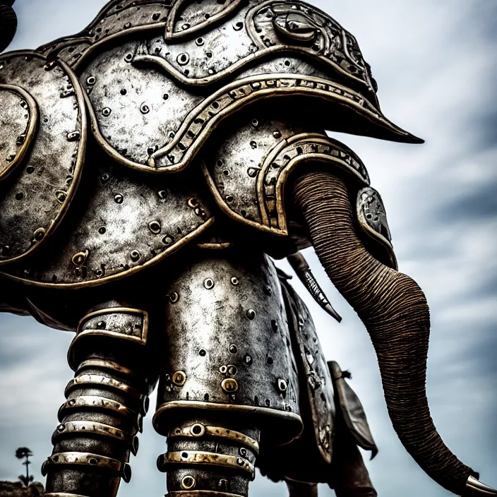 Image similar to photo of a warrior with metal elephant themed armour, highly detailed, 4 k, hdr, smooth, sharp focus, high resolution, award - winning photo