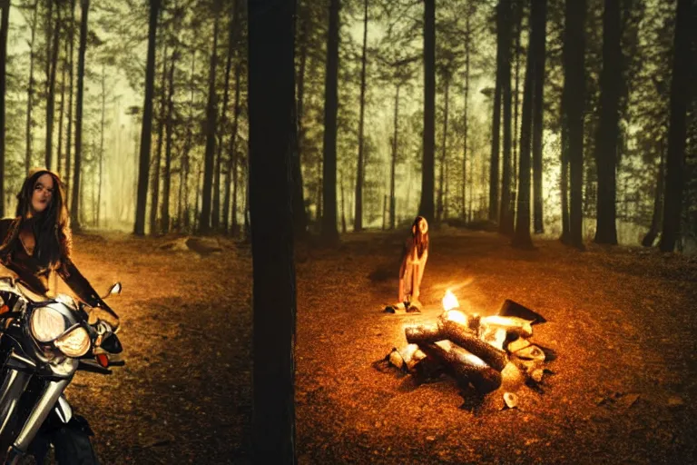 Prompt: girl with a motorcycle alone by the campfire, night in a dark forest, cinematic lighting, low angle photography, wide shot, hyperrealistic, 8k