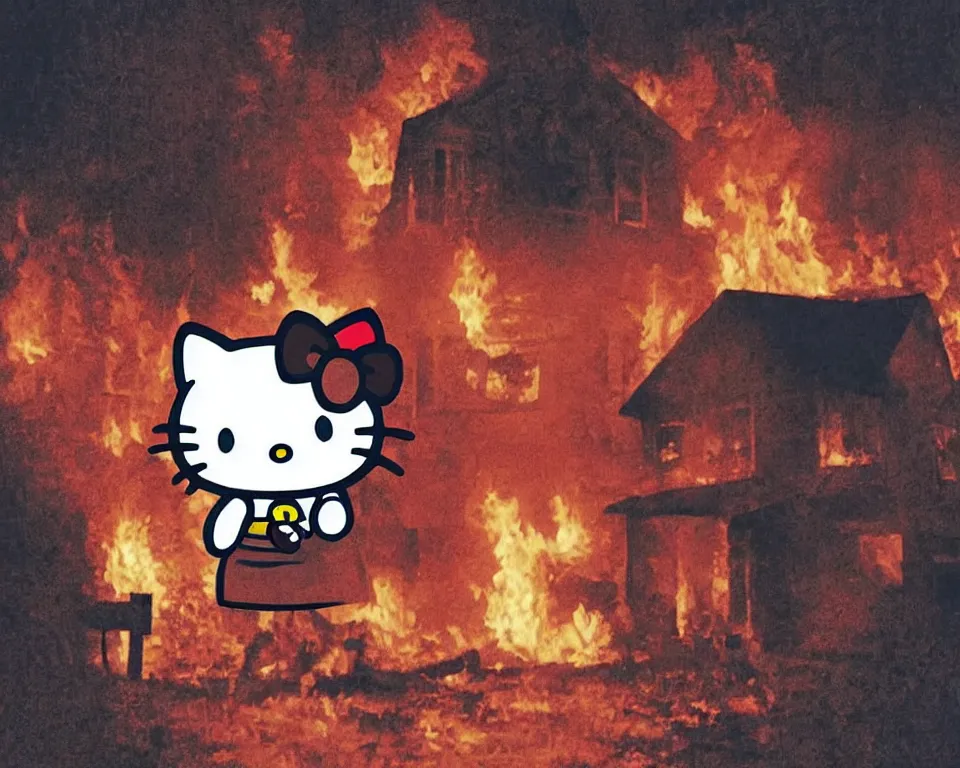 Image similar to a horror movie poster featuring Hello Kitty beside a burning house