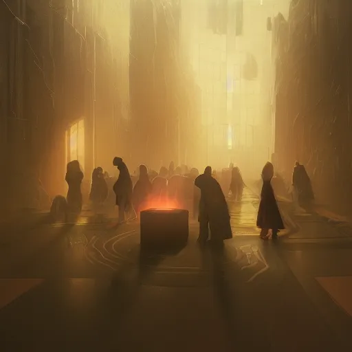 Prompt: a hyperrealistic render of people circulating a black cube, worhsip, holy, by WLOP,Artgerm,Greg Rutkowski,Alphonse Mucha, Beautiful dynamic dramatic dark moody lighting,shadows,cinematic atmosphere,Artstation,concept design art,Octane render,8K