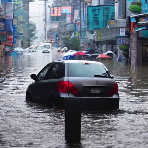 Image similar to seoul city is flooded by heavy rain. A guy with suit is sitting on the top of the A car is middle of the street flooded.