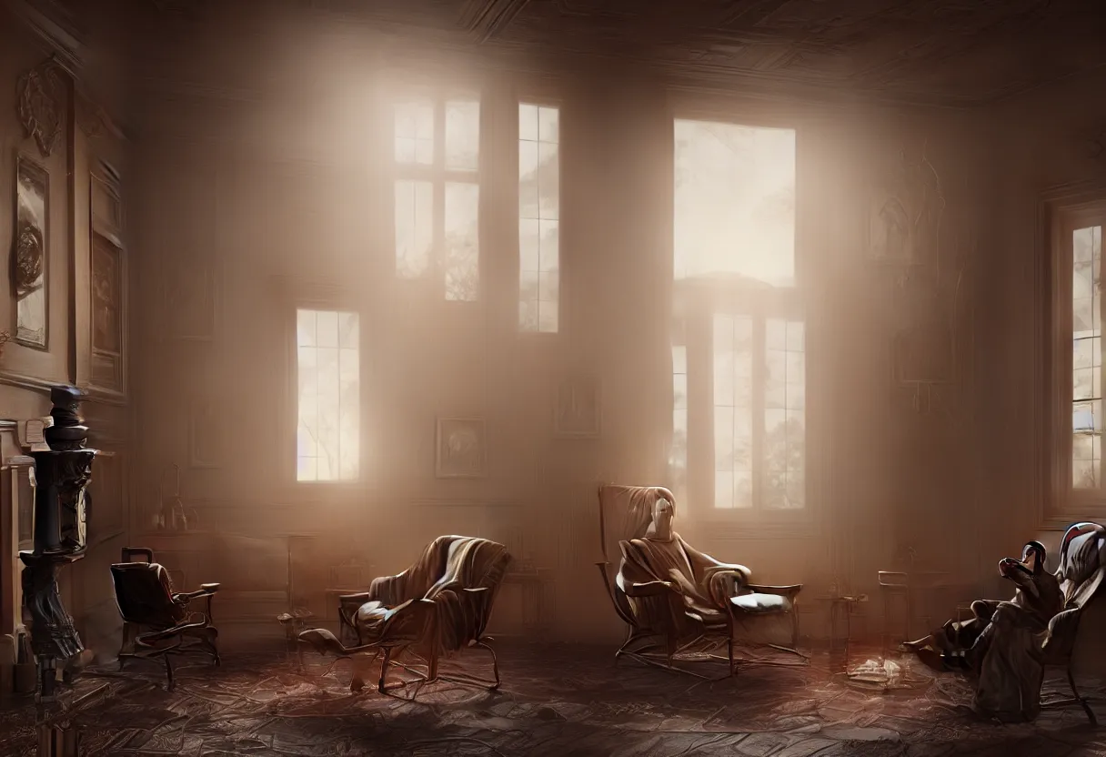 Image similar to intimate portrait photograph of one single lone solitary futuristic robot sitting on a frayed recliner in front of a beautiful fireplace with a cozy fire, in a dupost-apocalyptic Victorian home, soft morning light seeping in a window, with cinematic lighting and lens flare, tall ceiling, octane render, cgsociety, by Simon Stalenhag and Alfonso Cuaron, highly detailed closeup portrait, award-winning highly detailed 8k anamorphic closeup tight cinematic movie photograph