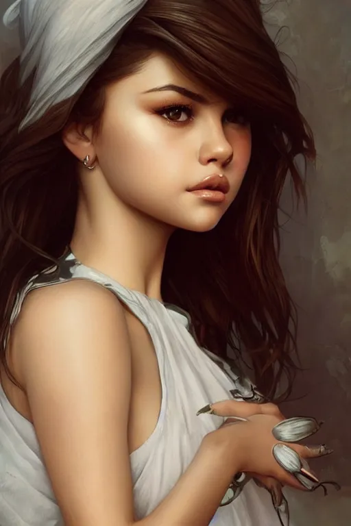 Image similar to ultra realistic illustration, selena gomez, elegant, highly detailed, digital painting, concept art, smooth, sharp focus, illustration, art by artgerm and greg rutkowski and alphonse mucha