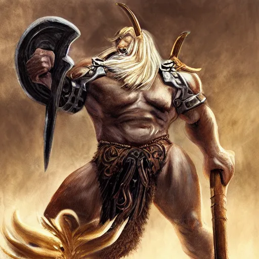 Image similar to Giant minotaur beast warrior with two handed axe, heavy white and golden armor, impressive horns, long mane, full body, muscular, dungeons and dragons, hyperrealism, high details, digital painting