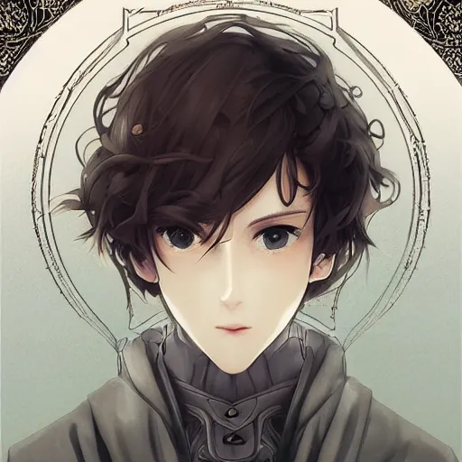 Image similar to violet evergarden, kyoto animation key, techwear occultist, chaos magick, leviathan cross, androgynous, beautiful, detailed symmetrical close up portrait looking like ryan reynolds, intricate complexity, in the style of artgerm and ilya kuvshinov, cel shaded