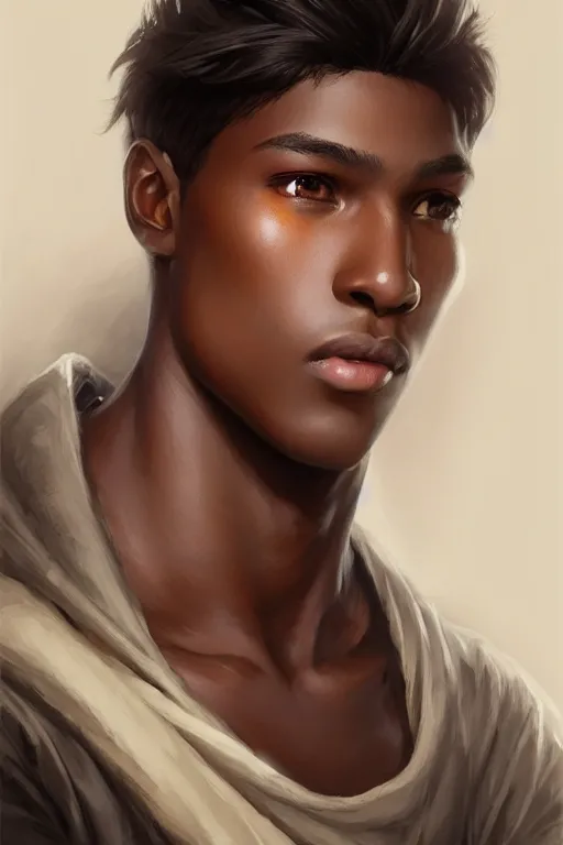 Image similar to young teenager boy with straight short brown hair, dark skin, big lips. highly detailed, d & d, fantasy, highly detailed, digital painting, trending on artstation, concept art, sharp focus, illustration, art by artgerm and greg rutkowski and fuji choko and viktoria gavrilenko and hoang lap