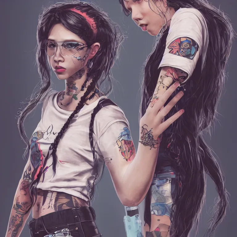 Image similar to a singular punk girl with long hair band tshirt and tight jean shorts giving the middle finger, concept art, masterpiece 4 k digital illustration by sungmoo heo, highly detailed, trending on artstation, award winning