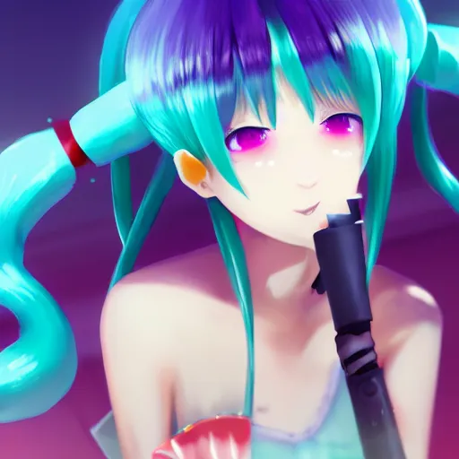 Prompt: hatsune miku smoking weed, smoke coming out of her mouth, bloodshot eyes, artstation, 4 k