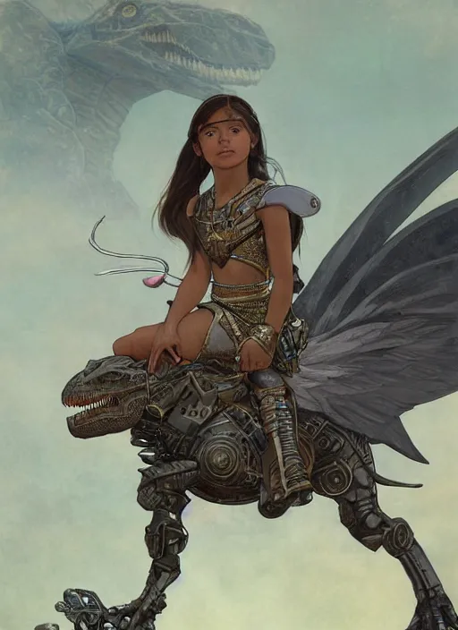 Image similar to portrait of a little cyborg warrior girl character sitting on top of a giant armored dinosaur bird with huge wings flying in space, epic character with dark skin and beautiful green eyes. the girl has a very beautiful detailed symmetrical face, long black hair. diffuse night light, dramatic landscape, fantasy illustration, matte painting by mucha