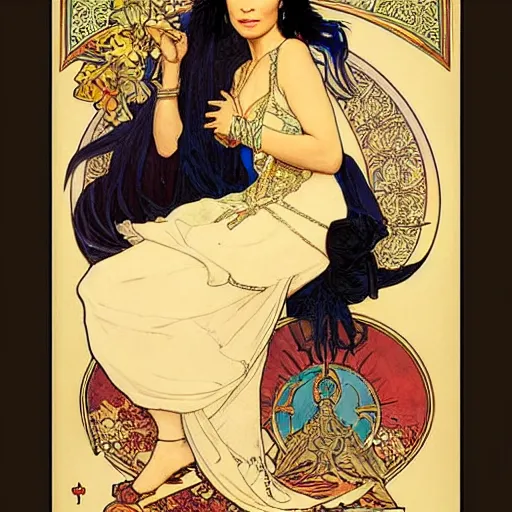 Image similar to lucy liu portrait by louis - theophile hingre and alphonse mucha, realistic, sharp focus, zodiac signs, tarot cards, planets, ethereal, art nouveau, magic, moon, sun, crown, dreamy, royal, jewellery