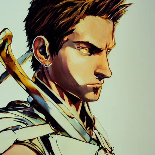 Image similar to portrait of a young white hero using his right arm to hold his sword covering his eye by yoji shinkawa, high quality, extra details, realism, ornate, colored, golden chain, blood, white skin, short hair, brown eyes, vivid, sunlight, dynamic, american man, freedom, white american soldier, painting, cybernetics, military