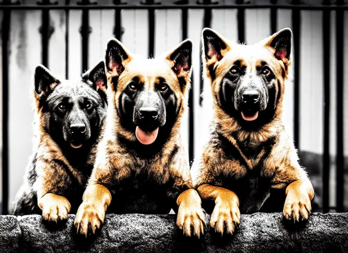 Image similar to photo of a real life photorealistic three - headed kerberos dog guarding the gates to the underworld. fantasy horror style. highly detailed 8 k. intricate. lifelike. soft light. nikon d 8 5 0 5 5 mm. dof. cinematic post - processing.