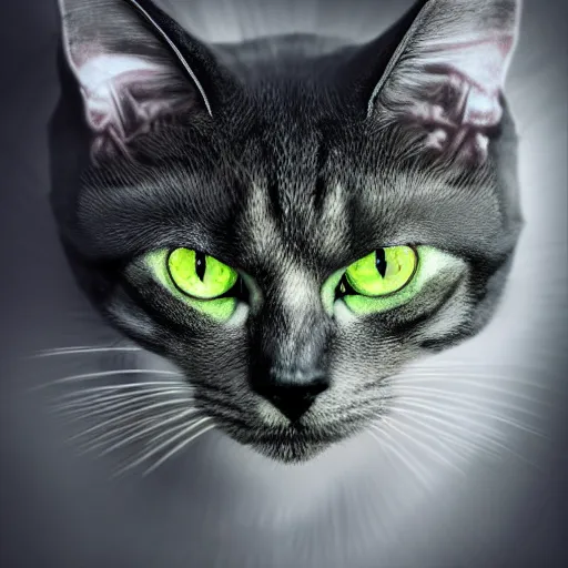 Image similar to beautiful fantasy portrait of a devil cat with green eyes, high detail, fantasy art, concept art, 4 k, ultra detail, computer art