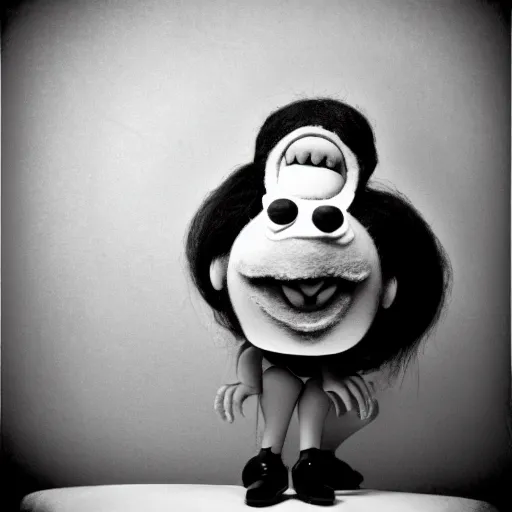 Prompt: a black and white photograph by Gary Baseman, Robert Crumb, Jim Henson, photorealistic, surreal, high contrast, film photography, felt, muppet, character