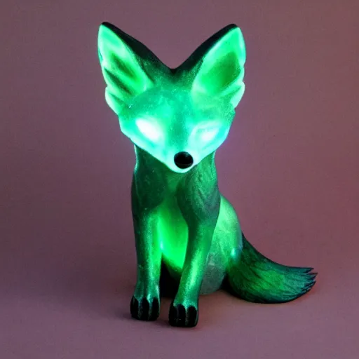 Prompt: !dream Emerald Fox sculpture with glowing purple eyes