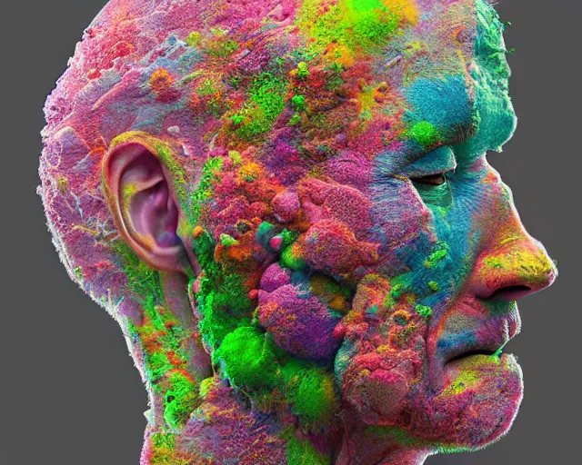 Prompt: a human head explodes into a huge mass of coloured powder, motion blur, hyperrealistic, medical, intricate art photography, anatomically correct, realistic crisp textures, 8 k, art by lee griggs,